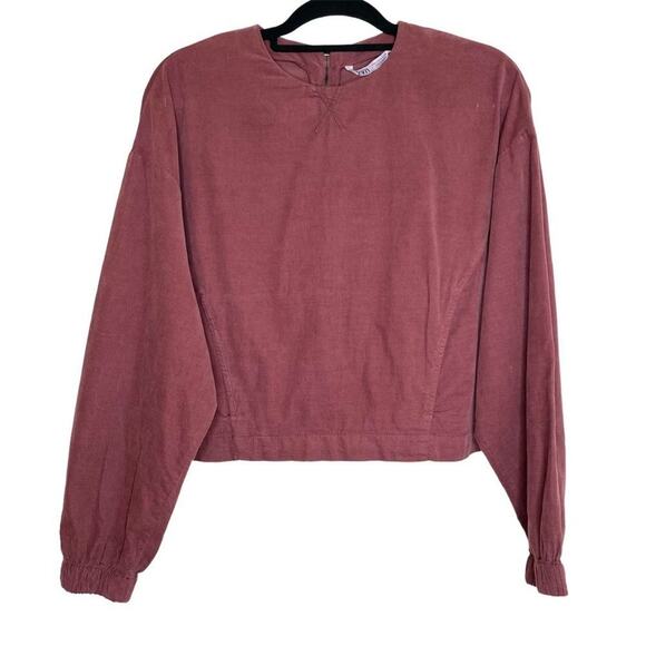 Zara Burgundy 100% Cotton Crewneck Cinched Sleeve Top Small - Picture 1 of 11